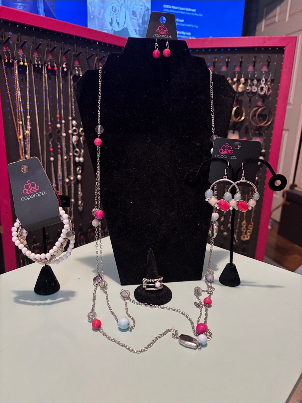 paparazzi Pink and White Beaded Layered Necklace with Matching Earrings